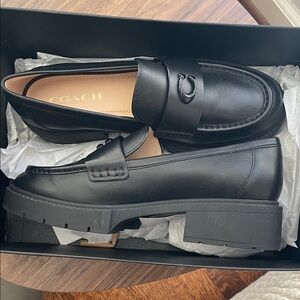 New Coach Black Leather Slip-On Leah Loafers